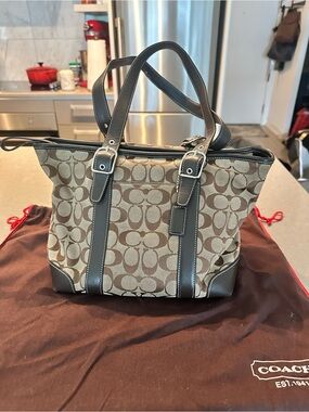 Coach Signature Canvas Tote with Brown Leather Trim